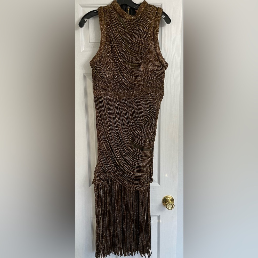 Anthropologie Bronze Metallic Fringe Midi Dress